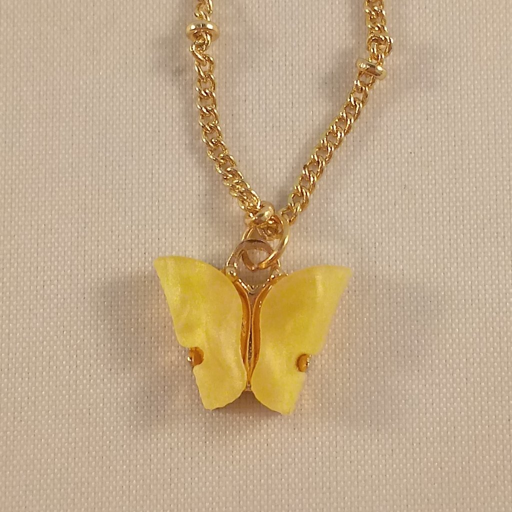 Gold Plated Yellow Opal Resin Butterfly Pendant Chain Necklace 18